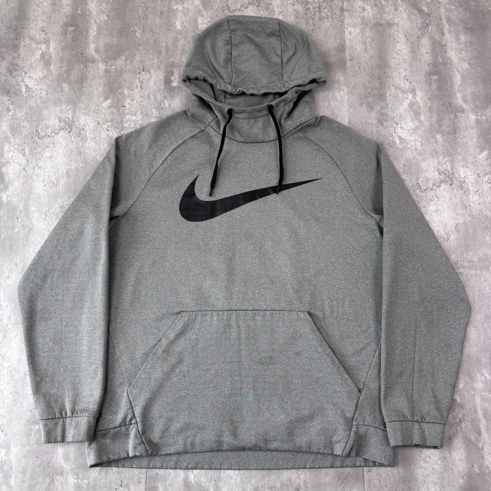 Nike Swoosh Hoodie Men's XL Gray Dri Fit Logo Skate Grunge Check Sweatshirt Y2K